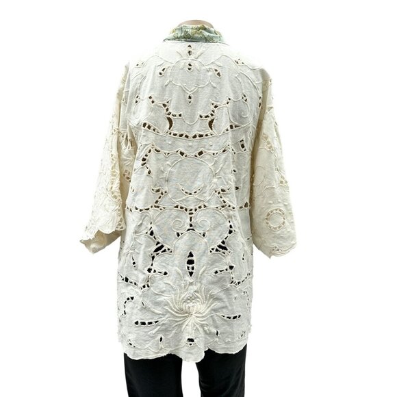 Anthropologie Floreat Boho Lace Kimono Laser Cut Linen Cotton White Green‎ OS - Picture 5 of 14